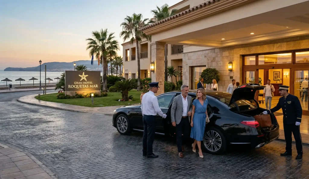 Vehículo de lujo llegando a un hotel en Roquetas de Mar tras un traslado desde el aeropuerto.