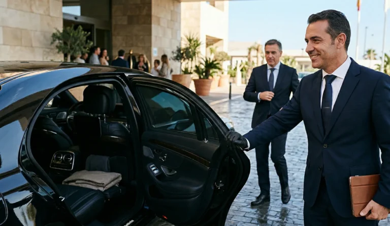 Primer plano de un chófer profesional abriendo la puerta de un vehículo de lujo, listo para recibir a un pasajero VIP.