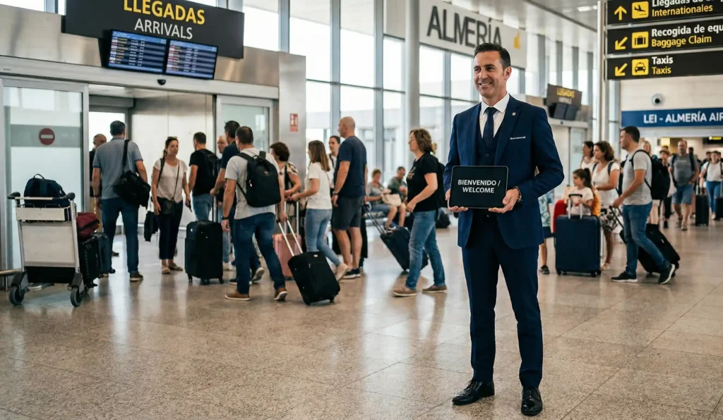 Servicio de recogida con cartel de bienvenida para clientes extranjeros en Aeropuerto de Almería.