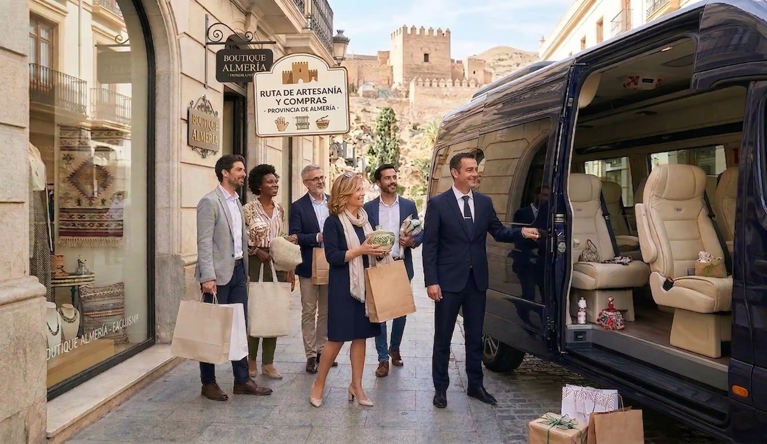Minibús de lujo ideal para grupos que realizan rutas de compras y artesanía por la provincia de Almería.