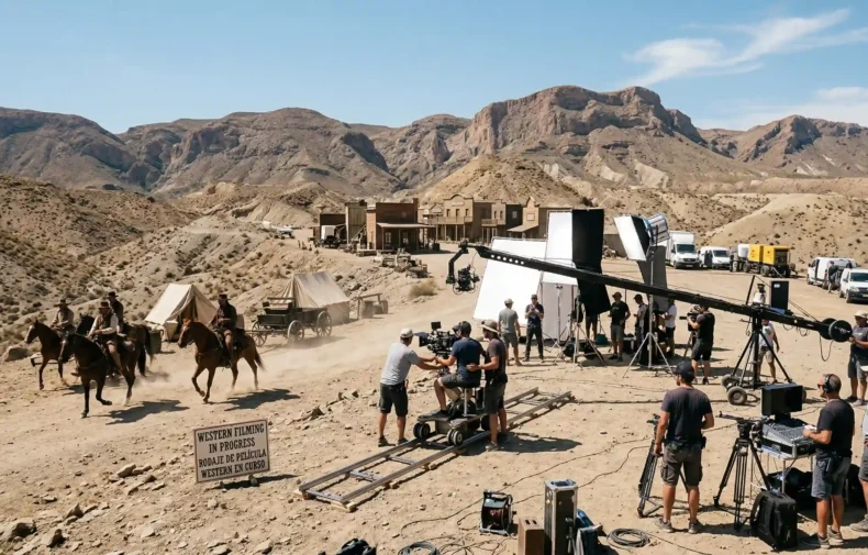 Equipo de filmación grabando una escena de western con actores a caballo en el desierto de Tabernas, Almería.