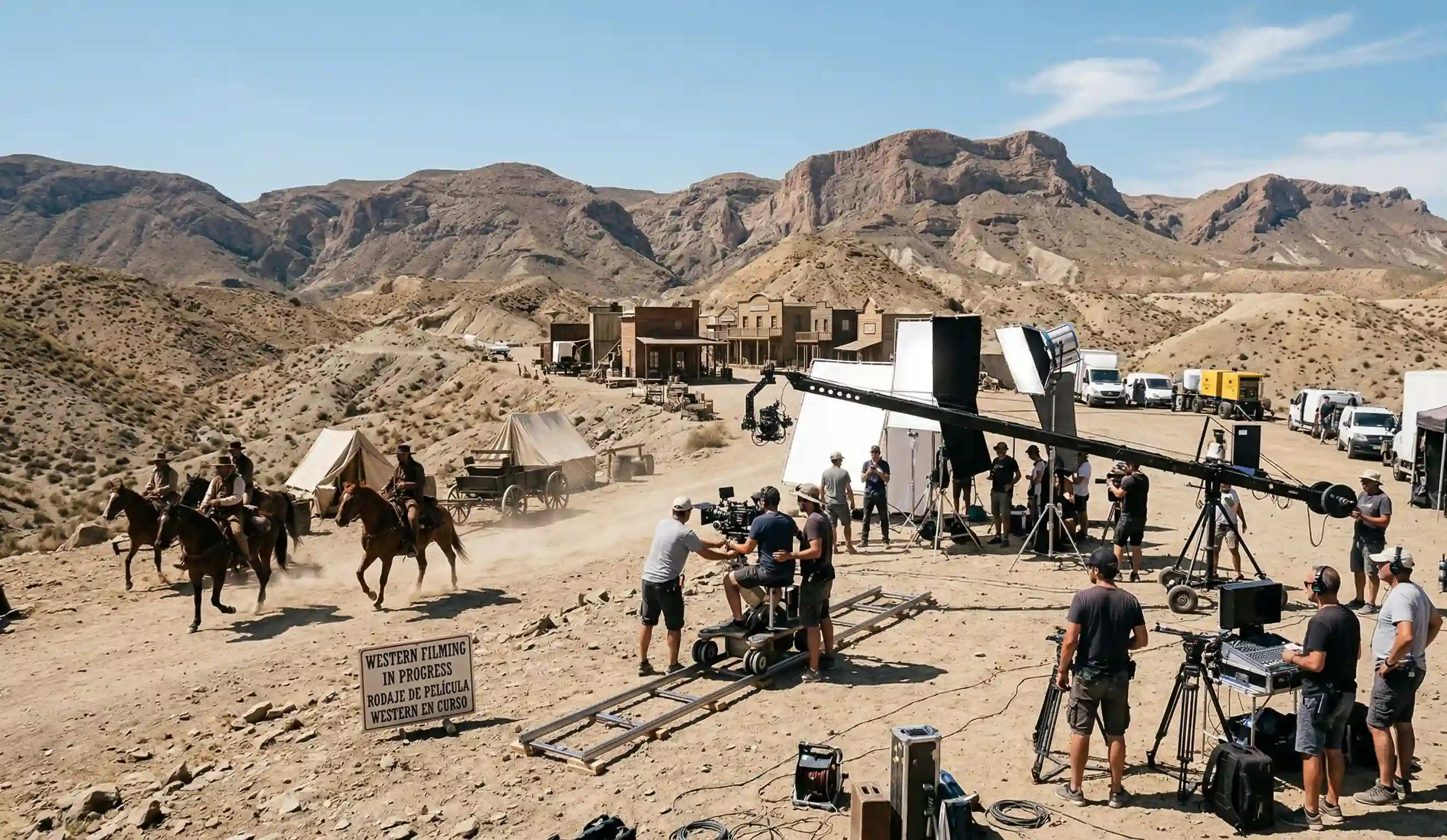 Equipo de filmación grabando una escena de western con actores a caballo en el desierto de Tabernas, Almería.