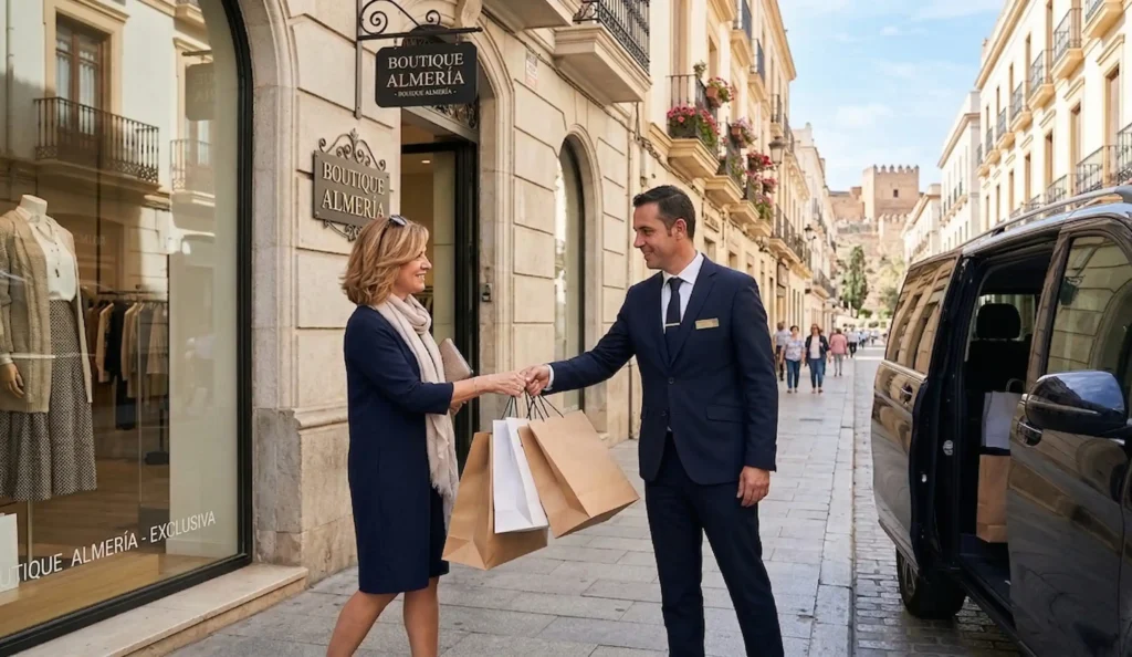 Chófer profesional ayudando a una clienta con bolsas de compras frente a una boutique en Almería.