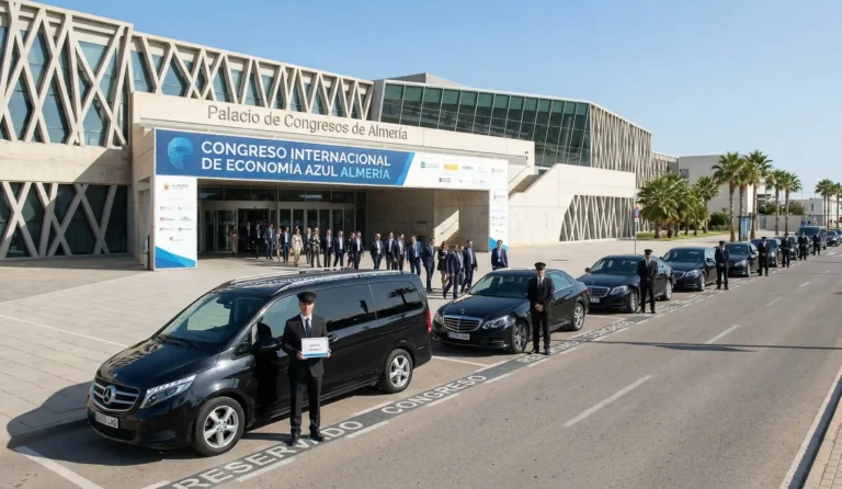 Fila de vehículos de transporte privado esperando a asistentes de un congreso en el Palacio de Congresos de Almería.