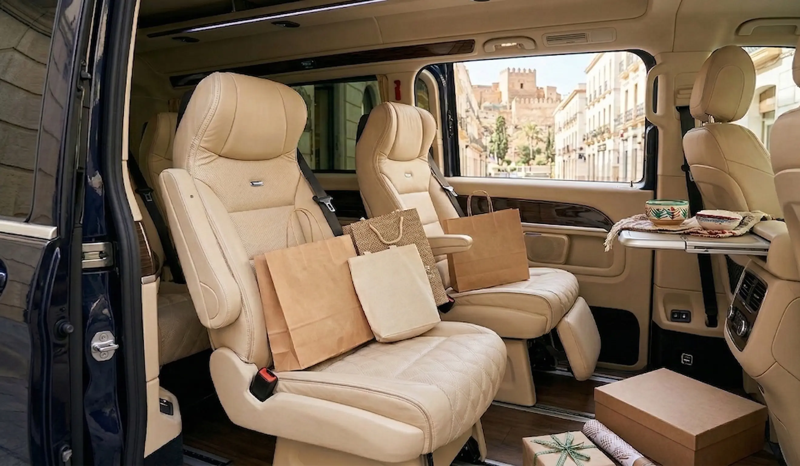 Detalle del interior espacioso de un vehículo de traslado privado con bolsas de compras exclusivas en el asiento.