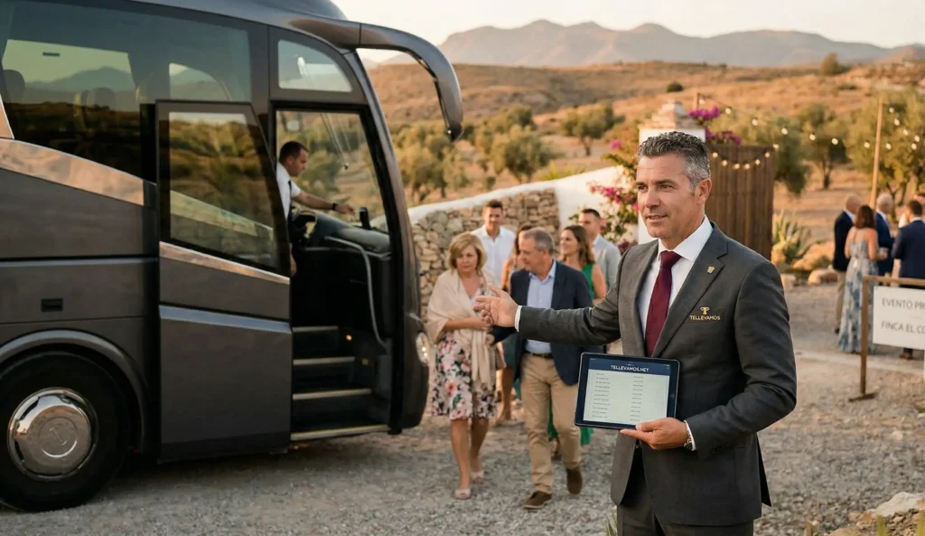 Chófer profesional coordinando la llegada de pasajeros en una ubicación exclusiva de la provincia.