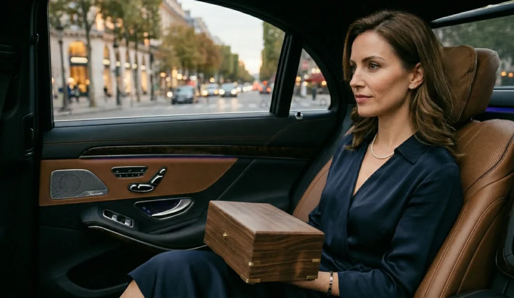 Mujer en el asiento trasero de un coche premium custodiando una caja de madera con contenido frágil durante un traslado.