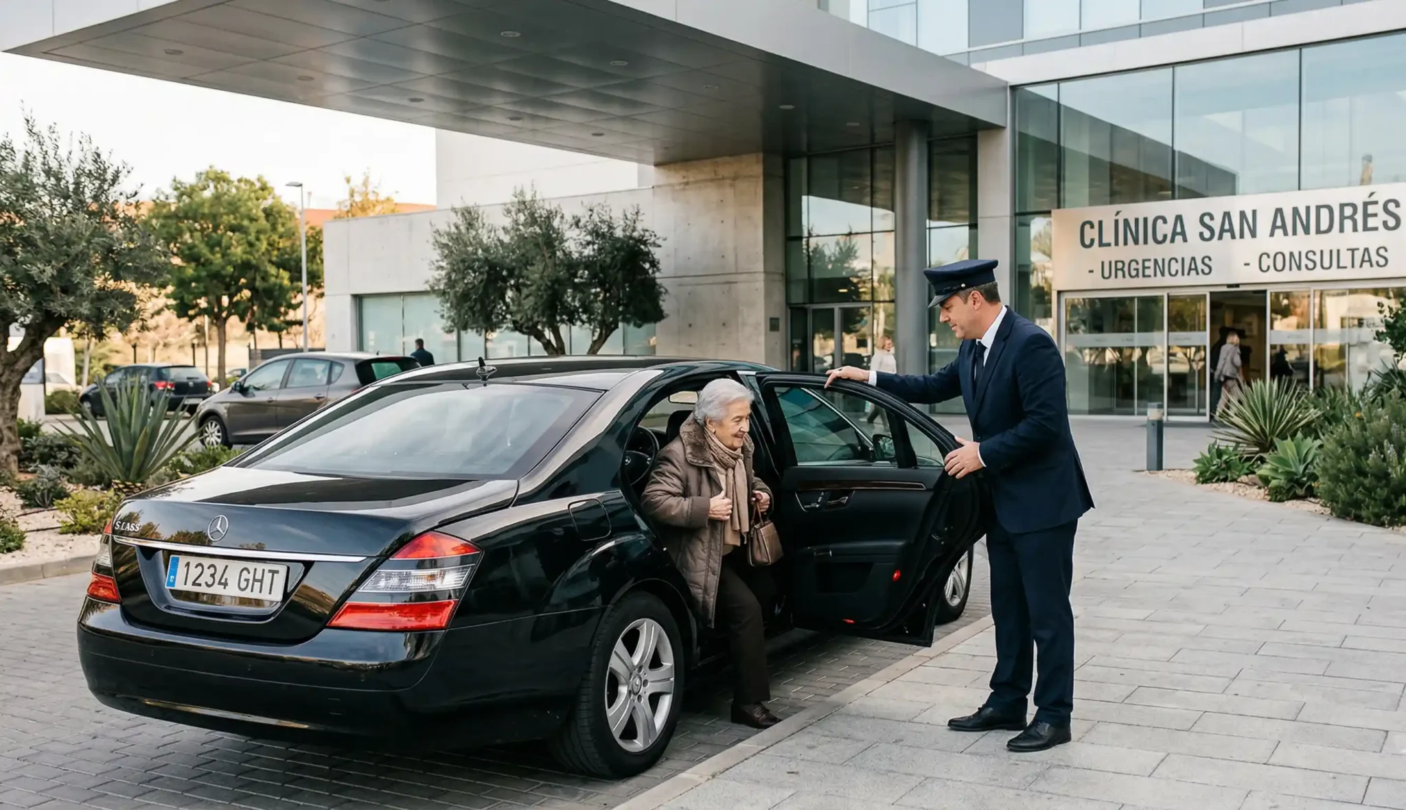 Chófer profesional ayudando a un cliente a subir con cuidado a una berlina negra frente a una clínica moderna.