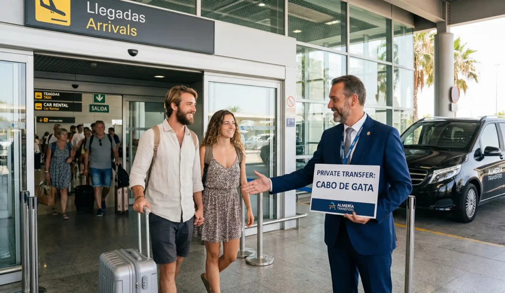 Conductor profesional recibiendo a turistas en el Aeropuerto de Almería para su traslado a Cabo de Gata.