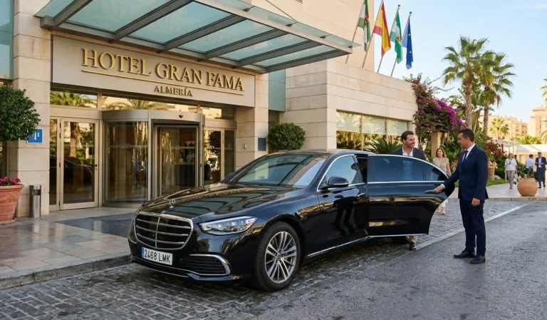 Vehículo de alta gama para traslados privados en Almería estacionado frente a un hotel.