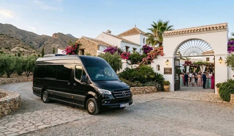 Minibús de lujo de Te Llevamos llegando a un cortijo exclusivo para una celebración en Almería.