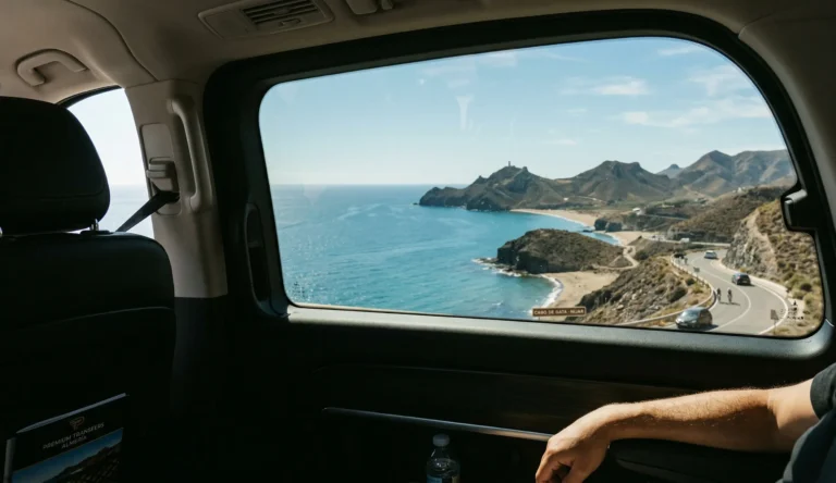 Vista de las playas de Cabo de Gata desde la ventana de un vehículo de traslado privado.