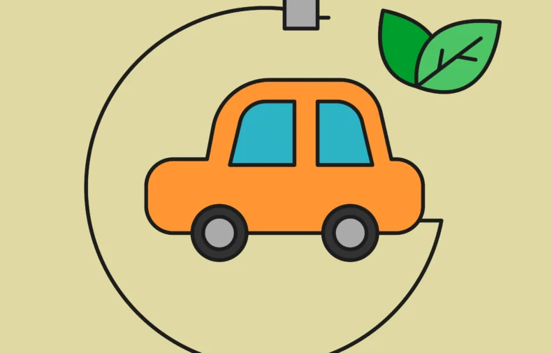Ilustración de un coche eléctrico naranja con hojas verdes, representando la movilidad sostenible de tellevamos.net en Almería.