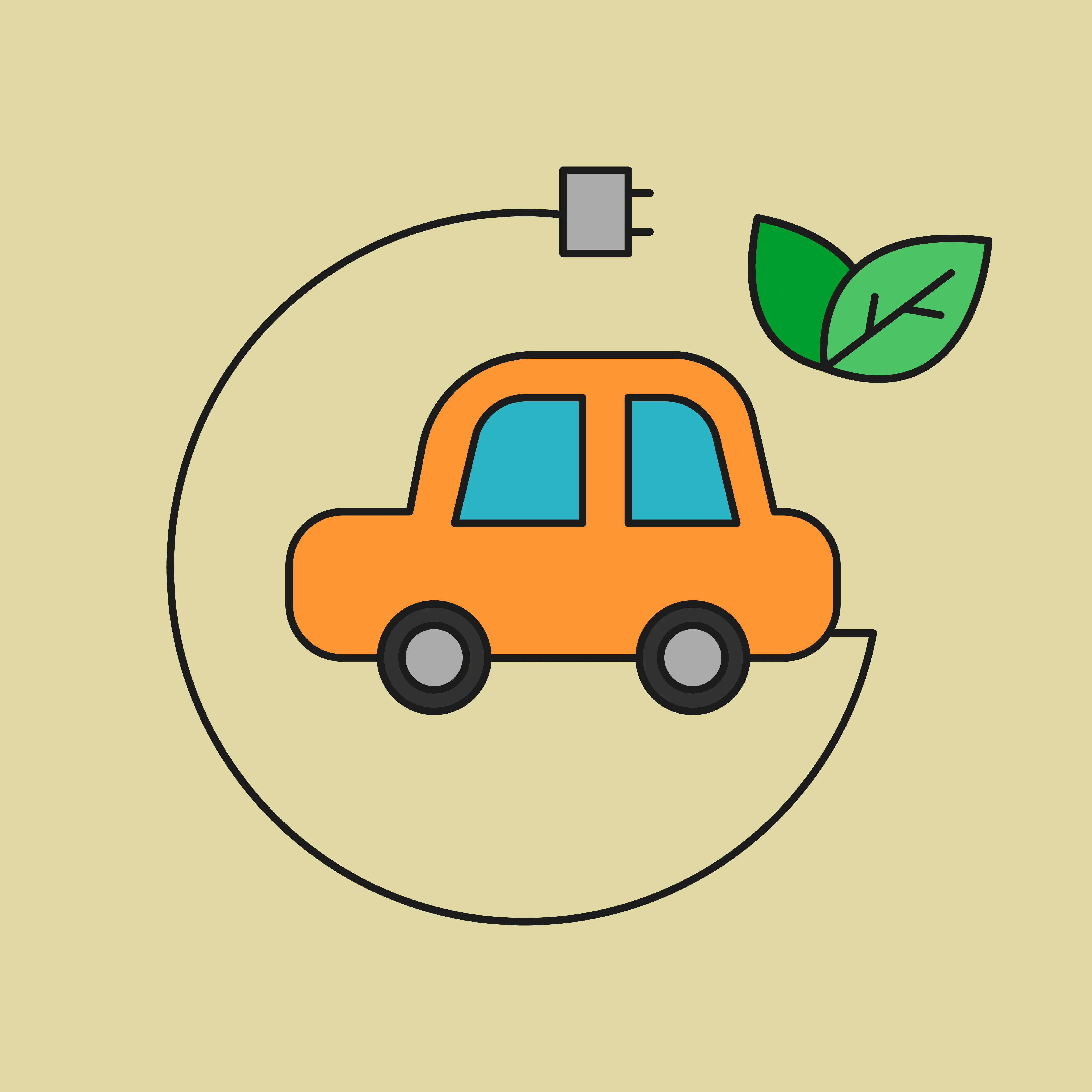 Ilustración de un coche eléctrico naranja con hojas verdes, representando la movilidad sostenible de tellevamos.net en Almería.